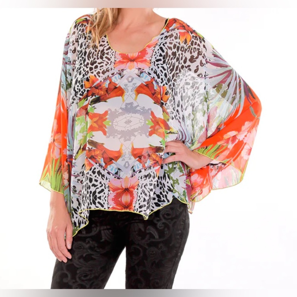 Natalie Baroni Colorful Floral & Animal Print geisha Blouse 100% silk - Picture 2 of 7